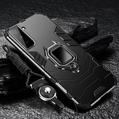 Silikon Hülle Handyhülle und Kunststoff Schutzhülle Hartschalen Tasche mit Magnetisch Fingerring Ständer T06 für Samsung Galaxy S21 FE 5G Schwarz