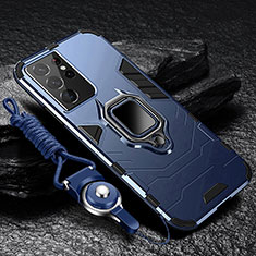 Silikon Hülle Handyhülle und Kunststoff Schutzhülle Hartschalen Tasche mit Magnetisch Fingerring Ständer T06 für Samsung Galaxy S22 Ultra 5G Blau
