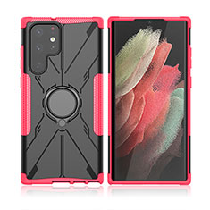 Silikon Hülle Handyhülle und Kunststoff Schutzhülle Hartschalen Tasche mit Magnetisch Fingerring Ständer T09 für Samsung Galaxy S21 Ultra 5G Pink