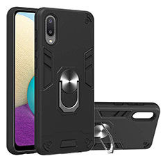 Silikon Hülle Handyhülle und Kunststoff Schutzhülle Hartschalen Tasche mit Magnetisch Fingerring Ständer Y01B für Samsung Galaxy M02 Schwarz