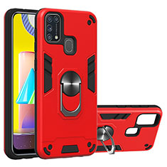 Silikon Hülle Handyhülle und Kunststoff Schutzhülle Hartschalen Tasche mit Magnetisch Fingerring Ständer Y01B für Samsung Galaxy M21s Rot