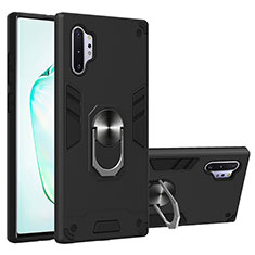 Silikon Hülle Handyhülle und Kunststoff Schutzhülle Hartschalen Tasche mit Magnetisch Fingerring Ständer Y01B für Samsung Galaxy Note 10 Plus 5G Schwarz