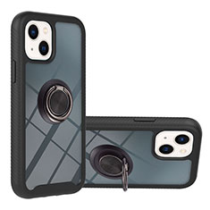 Silikon Hülle Handyhülle und Kunststoff Schutzhülle Hartschalen Tasche mit Magnetisch Fingerring Ständer YB1 für Apple iPhone 14 Schwarz