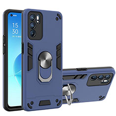 Silikon Hülle Handyhülle und Kunststoff Schutzhülle Hartschalen Tasche mit Magnetisch Fingerring Ständer YB1 für Oppo Reno6 5G Blau