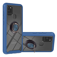 Silikon Hülle Handyhülle und Kunststoff Schutzhülle Hartschalen Tasche mit Magnetisch Fingerring Ständer YB1 für Samsung Galaxy A21s Blau