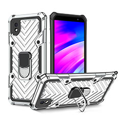 Silikon Hülle Handyhülle und Kunststoff Schutzhülle Hartschalen Tasche mit Magnetisch Fingerring Ständer YF1 für Samsung Galaxy A01 Core Silber