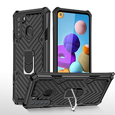 Silikon Hülle Handyhülle und Kunststoff Schutzhülle Hartschalen Tasche mit Magnetisch Fingerring Ständer YF1 für Samsung Galaxy A21 Schwarz