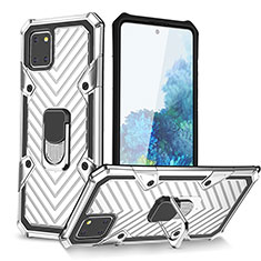 Silikon Hülle Handyhülle und Kunststoff Schutzhülle Hartschalen Tasche mit Magnetisch Fingerring Ständer YF1 für Samsung Galaxy A81 Silber