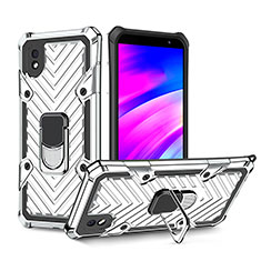 Silikon Hülle Handyhülle und Kunststoff Schutzhülle Hartschalen Tasche mit Magnetisch Fingerring Ständer YF1 für Samsung Galaxy M01 Core Silber