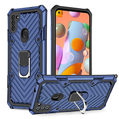 Silikon Hülle Handyhülle und Kunststoff Schutzhülle Hartschalen Tasche mit Magnetisch Fingerring Ständer YF1 für Samsung Galaxy M11 Blau
