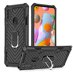 Silikon Hülle Handyhülle und Kunststoff Schutzhülle Hartschalen Tasche mit Magnetisch Fingerring Ständer YF1 für Samsung Galaxy M11 Schwarz