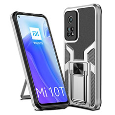Silikon Hülle Handyhülle und Kunststoff Schutzhülle Hartschalen Tasche mit Magnetisch Fingerring Ständer ZL1 für Xiaomi Mi 10T Pro 5G Silber
