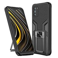 Silikon Hülle Handyhülle und Kunststoff Schutzhülle Hartschalen Tasche mit Magnetisch Fingerring Ständer ZL1 für Xiaomi Poco M3 Schwarz