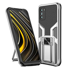 Silikon Hülle Handyhülle und Kunststoff Schutzhülle Hartschalen Tasche mit Magnetisch Fingerring Ständer ZL1 für Xiaomi Poco M3 Silber