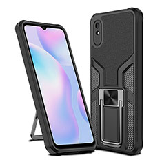 Silikon Hülle Handyhülle und Kunststoff Schutzhülle Hartschalen Tasche mit Magnetisch Fingerring Ständer ZL1 für Xiaomi Redmi 9A Schwarz
