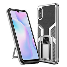 Silikon Hülle Handyhülle und Kunststoff Schutzhülle Hartschalen Tasche mit Magnetisch Fingerring Ständer ZL1 für Xiaomi Redmi 9AT Silber