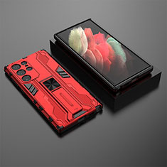 Silikon Hülle Handyhülle und Kunststoff Schutzhülle Hartschalen Tasche mit Magnetisch Ständer A01 für Samsung Galaxy S21 Ultra 5G Rot