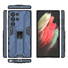 Silikon Hülle Handyhülle und Kunststoff Schutzhülle Hartschalen Tasche mit Magnetisch Ständer A03 für Samsung Galaxy S21 Ultra 5G Blau