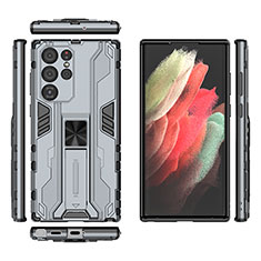 Silikon Hülle Handyhülle und Kunststoff Schutzhülle Hartschalen Tasche mit Magnetisch Ständer A03 für Samsung Galaxy S21 Ultra 5G Grau
