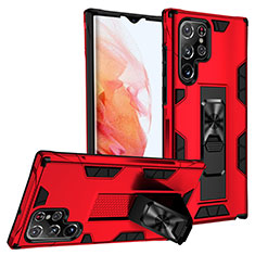 Silikon Hülle Handyhülle und Kunststoff Schutzhülle Hartschalen Tasche mit Magnetisch Ständer A04 für Samsung Galaxy S22 Ultra 5G Rot