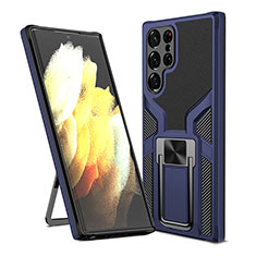 Silikon Hülle Handyhülle und Kunststoff Schutzhülle Hartschalen Tasche mit Magnetisch Ständer A05 für Samsung Galaxy S22 Ultra 5G Blau