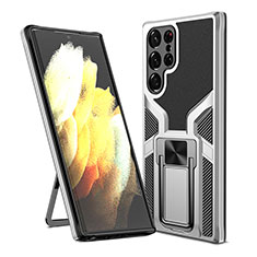 Silikon Hülle Handyhülle und Kunststoff Schutzhülle Hartschalen Tasche mit Magnetisch Ständer A05 für Samsung Galaxy S23 Ultra 5G Silber