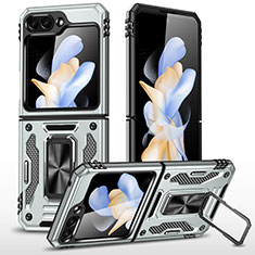 Silikon Hülle Handyhülle und Kunststoff Schutzhülle Hartschalen Tasche mit Magnetisch Ständer MQ1 für Samsung Galaxy Z Flip5 5G Silber