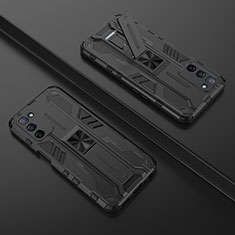 Silikon Hülle Handyhülle und Kunststoff Schutzhülle Hartschalen Tasche mit Magnetisch Ständer T01 für Oppo A55 5G Schwarz