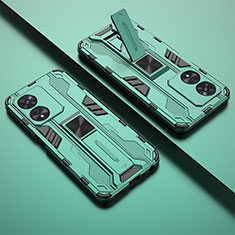 Silikon Hülle Handyhülle und Kunststoff Schutzhülle Hartschalen Tasche mit Magnetisch Ständer T01 für Oppo A58 5G Grün