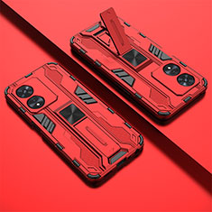Silikon Hülle Handyhülle und Kunststoff Schutzhülle Hartschalen Tasche mit Magnetisch Ständer T01 für Oppo A58 5G Rot