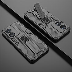 Silikon Hülle Handyhülle und Kunststoff Schutzhülle Hartschalen Tasche mit Magnetisch Ständer T01 für Oppo A58x 5G Schwarz