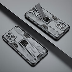 Silikon Hülle Handyhülle und Kunststoff Schutzhülle Hartschalen Tasche mit Magnetisch Ständer T01 für Oppo Find X3 Pro 5G Grau