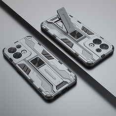 Silikon Hülle Handyhülle und Kunststoff Schutzhülle Hartschalen Tasche mit Magnetisch Ständer T01 für Oppo Reno8 5G Grau