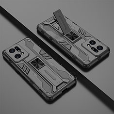Silikon Hülle Handyhülle und Kunststoff Schutzhülle Hartschalen Tasche mit Magnetisch Ständer T02 für Oppo Find X5 Pro 5G Schwarz