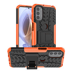 Silikon Hülle Handyhülle und Kunststoff Schutzhülle Hartschalen Tasche mit Ständer A01 für Motorola Moto G31 Orange