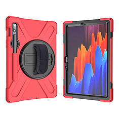 Silikon Hülle Handyhülle und Kunststoff Schutzhülle Hartschalen Tasche mit Ständer A01 für Samsung Galaxy Tab S7 11 Wi-Fi SM-T870 Rot