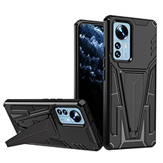 Silikon Hülle Handyhülle und Kunststoff Schutzhülle Hartschalen Tasche mit Ständer A02 für Xiaomi Mi 12 5G Schwarz