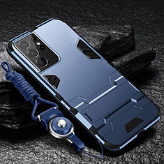 Silikon Hülle Handyhülle und Kunststoff Schutzhülle Hartschalen Tasche mit Ständer A05 für Samsung Galaxy S21 Ultra 5G Blau