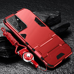 Silikon Hülle Handyhülle und Kunststoff Schutzhülle Hartschalen Tasche mit Ständer A05 für Samsung Galaxy S23 Ultra 5G Rot