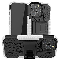 Silikon Hülle Handyhülle und Kunststoff Schutzhülle Hartschalen Tasche mit Ständer A07 für Apple iPhone 13 Pro Max Weiß