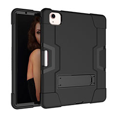 Silikon Hülle Handyhülle und Kunststoff Schutzhülle Hartschalen Tasche mit Ständer für Apple New iPad Air 10.9 (2020) Schwarz