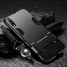 Silikon Hülle Handyhülle und Kunststoff Schutzhülle Hartschalen Tasche mit Ständer für Huawei Enjoy 10 Schwarz