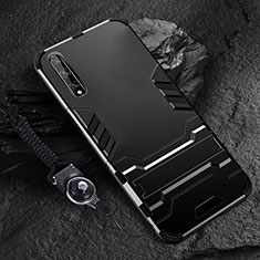 Silikon Hülle Handyhülle und Kunststoff Schutzhülle Hartschalen Tasche mit Ständer für Huawei Enjoy 10S Schwarz