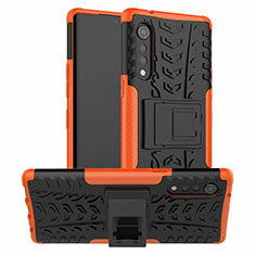 Silikon Hülle Handyhülle und Kunststoff Schutzhülle Hartschalen Tasche mit Ständer für LG Velvet 5G Orange