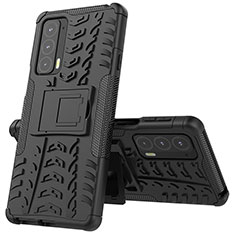 Silikon Hülle Handyhülle und Kunststoff Schutzhülle Hartschalen Tasche mit Ständer für Motorola Moto Edge 20 5G Schwarz