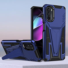 Silikon Hülle Handyhülle und Kunststoff Schutzhülle Hartschalen Tasche mit Ständer für Motorola Moto G 5G (2022) Blau