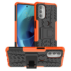 Silikon Hülle Handyhülle und Kunststoff Schutzhülle Hartschalen Tasche mit Ständer für Motorola Moto G51 5G Orange