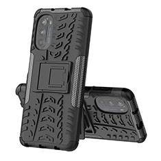 Silikon Hülle Handyhülle und Kunststoff Schutzhülle Hartschalen Tasche mit Ständer für Motorola Moto G71s 5G Schwarz