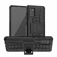 Silikon Hülle Handyhülle und Kunststoff Schutzhülle Hartschalen Tasche mit Ständer für Samsung Galaxy A31 Schwarz