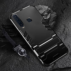 Silikon Hülle Handyhülle und Kunststoff Schutzhülle Hartschalen Tasche mit Ständer für Samsung Galaxy A9s Schwarz